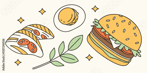 Delicious Vector Food Illustration: Burger, Sushi, and Macaron Design for Stock