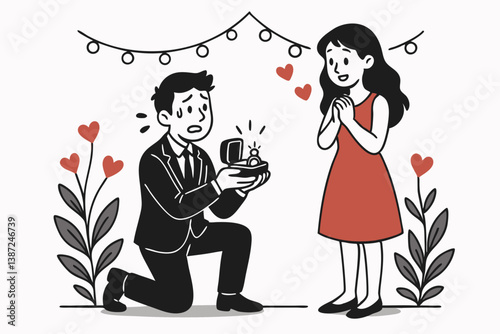 Romantic Marriage Proposal Vector Illustration with Nervous Man Kneeling with Engagement Ring Box and Surprised Happy Woman in Red Dress, Minimalist Line Art Style with Heart Decorations