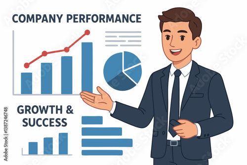 Confident Businessman Presenting Company Performance Growth Chart: Vector Illustration of Corporate Success, Financial Analysis, and Business Strategy for Professional Presentations