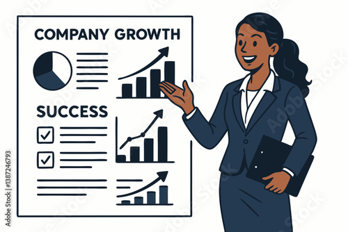 Professional Businesswoman Presenting Company Growth and Success Metrics with Charts and Graphs