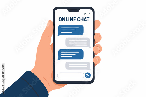 Modern Smartphone Online Chat Application Interface with Blue Message Bubbles, Text Input Field and Send Button Held in Hand, Digital Communication Concept for Mobile Messaging and Social Media