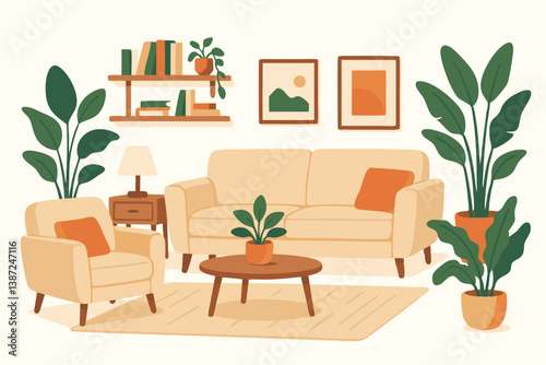 Cozy Modern Living Room Interior with Houseplants, Minimalist Furniture, Wooden Shelves, and Warm Decorative Accents