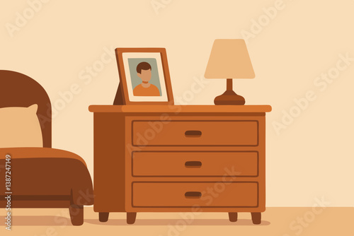 Minimalist Wooden Bedside Table with Photo Frame and Lamp Vector Illustration, Cozy Bedroom Nightstand Interior Design Element, Warm Color Palette Home Decor Furniture in Flat Style