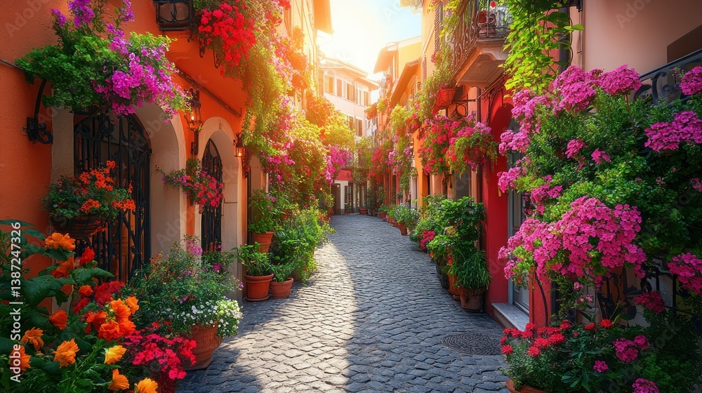 Fototapeta premium Colorful European alleyway overflowing with vibrant flowers