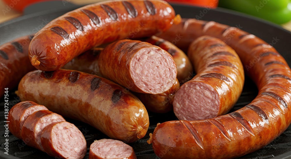 Grilled sausages in skillet for barbecue and cooking enthusiasts