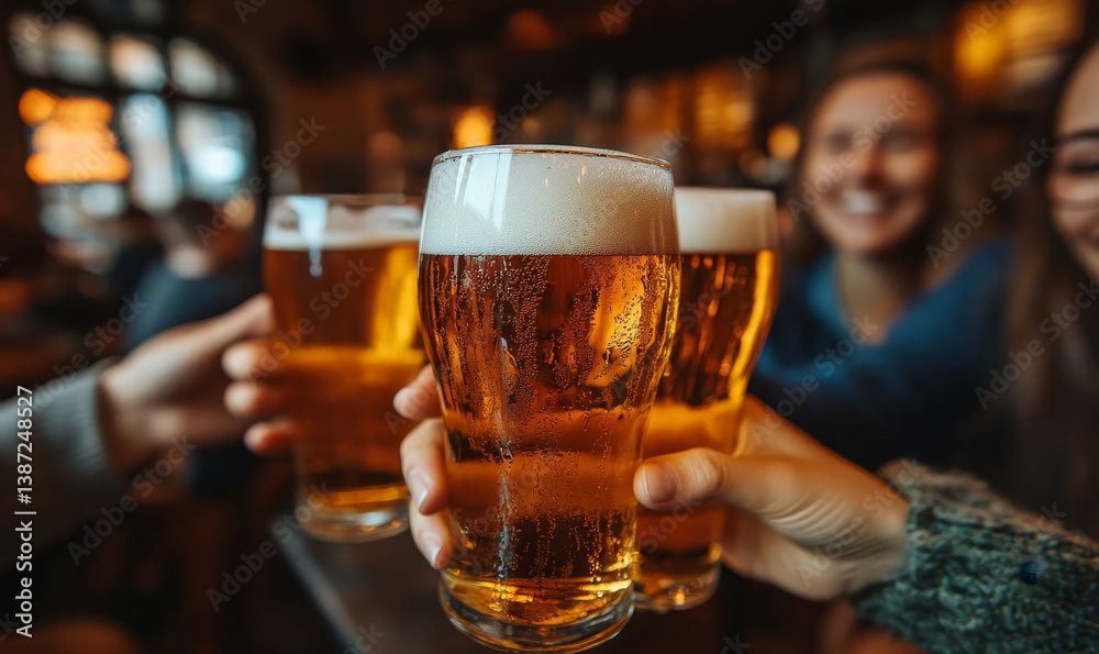 glass of beer in hand, group of happy friends drinking and toasting beer, generative ai, Generative AI glass of beer in hand, group of happy friends drinking and toasting beer, generative ai, Generative AI