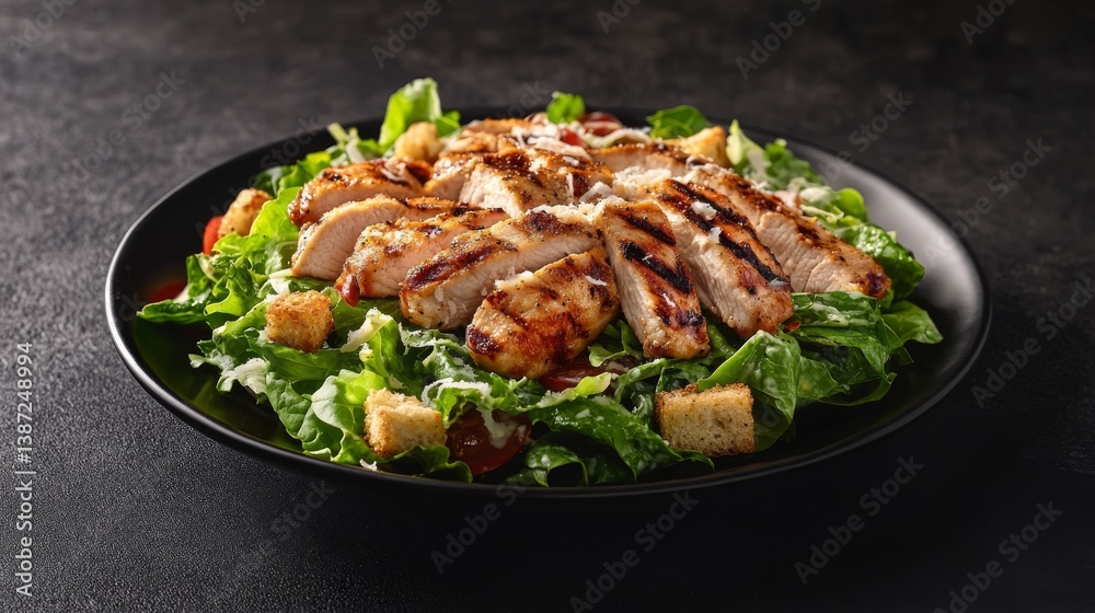 A crisp and refreshing Caesar salad with grilled chicken. Featuring health and indulgence A crisp and refreshing Caesar salad with grilled chicken. Featuring health and indulgence