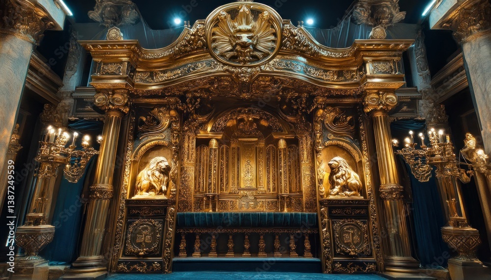 Obraz premium Extravagant golden throne room displaying intricate craftsmanship and majestic lions
