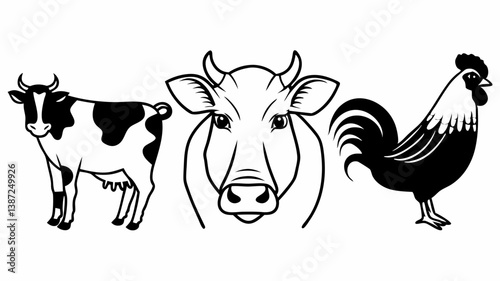 Line Art Livestock Icons: Create fine line art icons for a cow, pig, and chicken, with intricate details but simple enough to be recognized as livestock symbols, isolated on white.