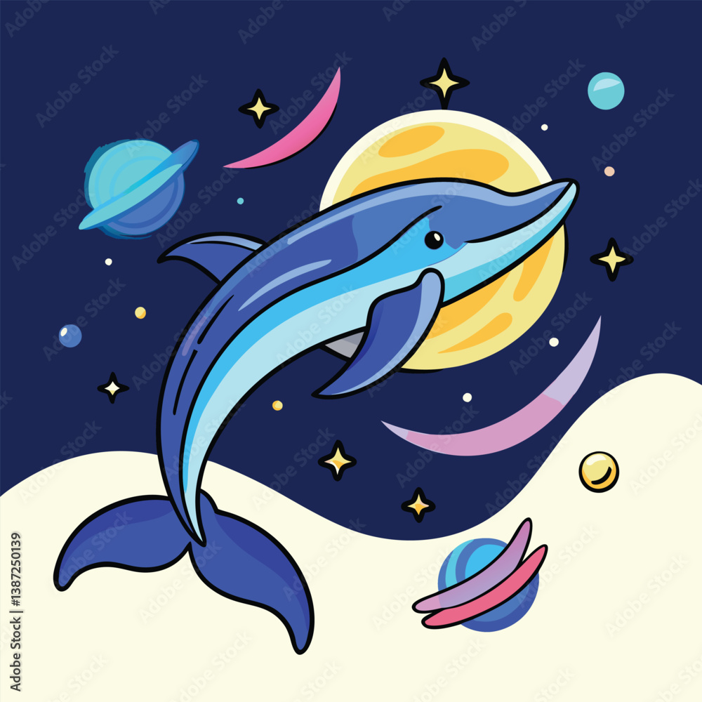 Obraz premium Surreal Space Dolphin Illustration – Cosmic Ocean Animal with Planets, Stars, and Vibrant Colors in Fantasy Style.