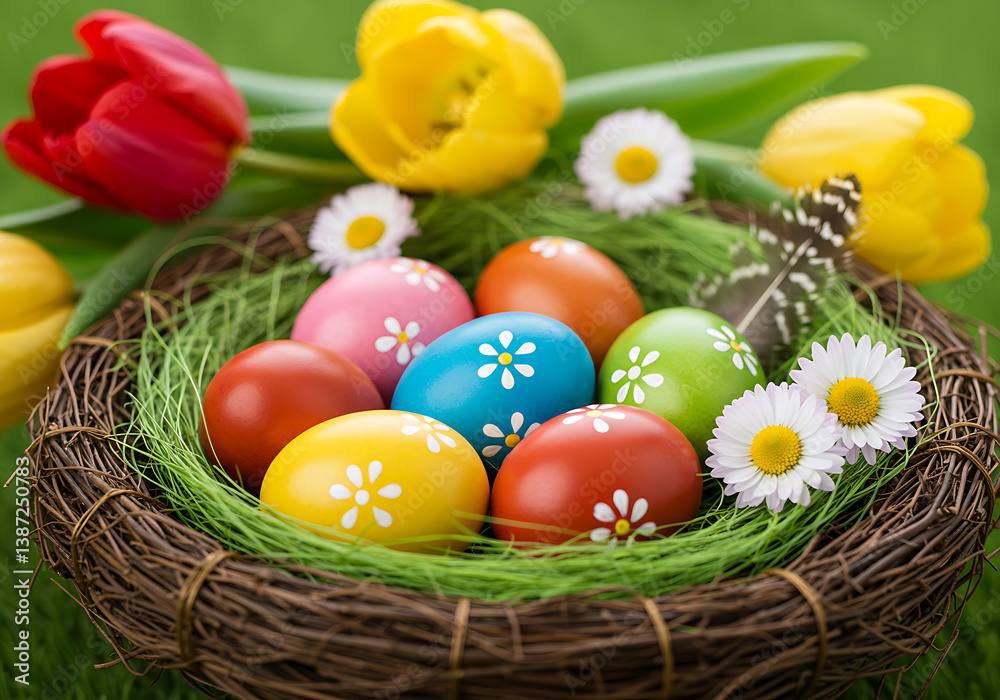 Colorful Easter eggs in nest with tulips and daisy flowers. Colorful Easter eggs in nest with tulips and daisy flowers.