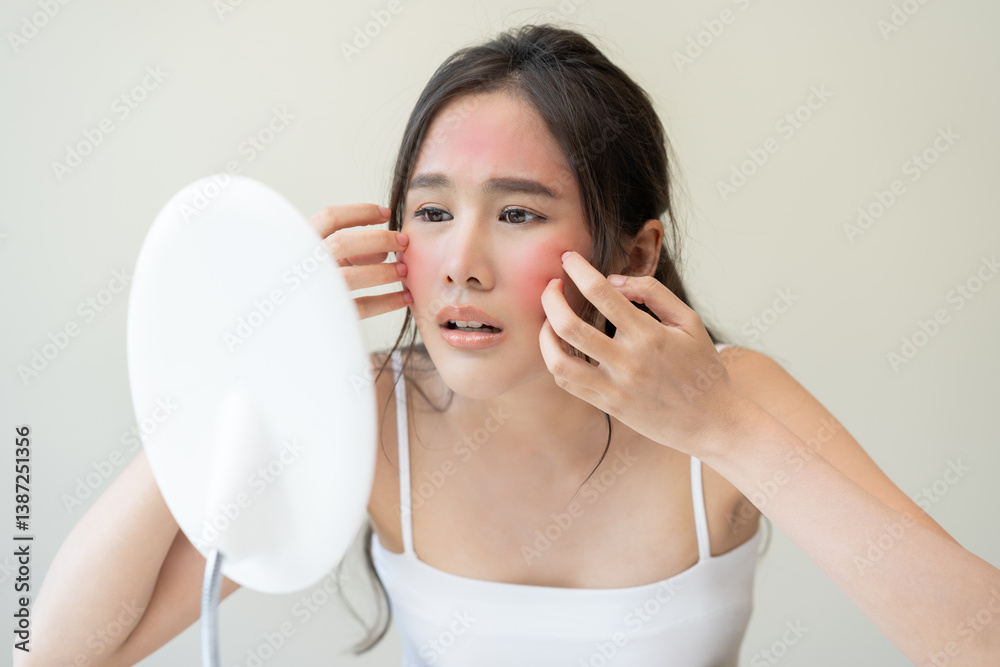 Dermatology, scratch asian young woman looking at mirror, expression worry and itch, itchy allergy or allergic sensitive reaction, red spot or rash on her face. Beauty care from skin problem treatment Dermatology, scratch asian young woman looking at mirror, expression worry and itch, itchy allergy or allergic sensitive reaction, red spot or rash on her face. Beauty care from skin problem treatment