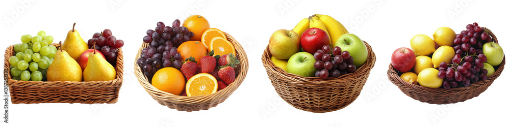 Four wicker baskets overflowing with colorful fresh fruit. Four wicker baskets overflowing with colorful fresh fruit.