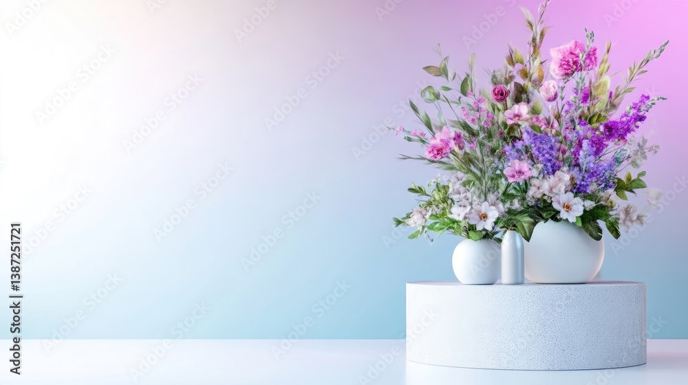 Fototapeta premium A vibrant floral arrangement, featuring pink and purple blooms, sits in white vases on a circular pedestal. The pastel background complements the soft colors. High-quality image with soft lighting.