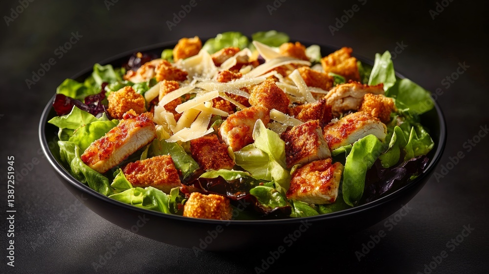 A crispy chicken caesar salad with parmesan and croutons. Featuring indulgence and flavor A crispy chicken caesar salad with parmesan and croutons. Featuring indulgence and flavor