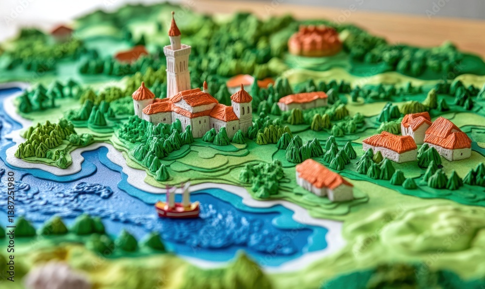 Obraz premium Coastal village model, castle, boat, papercraft, tabletop game background
