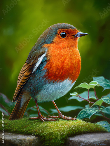 Photograph of robin on a mossy stone wall