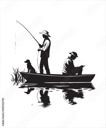 Two Fishermen in a Boat Silhouette, Peaceful Day on the Water