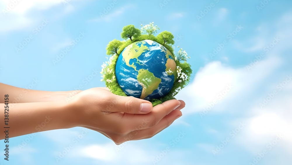 Hands gently holding a miniature Earth covered in lush green trees and flowers under a bright blue sky, symbolizing environmental conservation, sustainability, and planet care. Hands gently holding a miniature Earth covered in lush green trees and flowers under a bright blue sky, symbolizing environmental conservation, sustainability, and planet care.