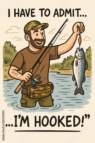 Man Fishing with Rod and Smiling After Catching a Nice Fish