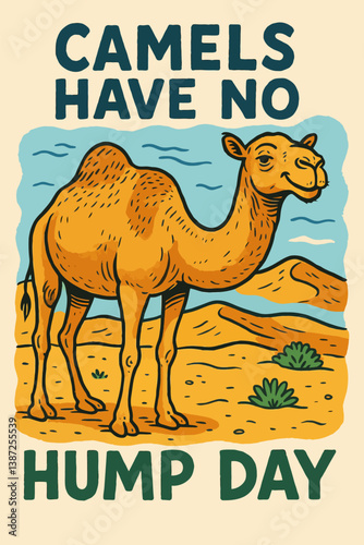 Illustration Showing Camel in Desert with Humorous Hump Day Message