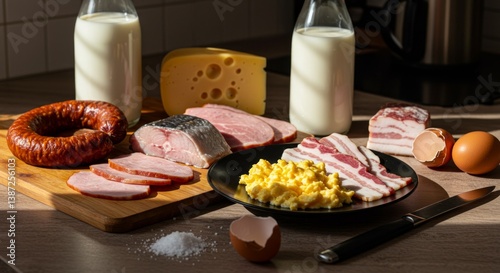 Carnivore diet. A beautifully arranged table with a variety of meats and cheeses