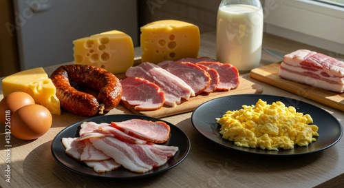 Carnivore diet. A beautifully arranged table with a variety of meats and cheeses