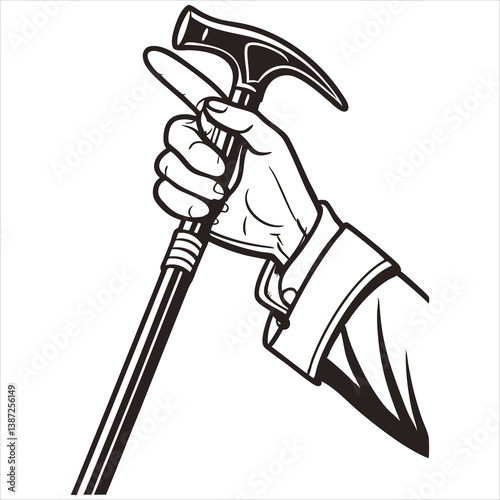 Hand holding a walking cane, black and white drawing