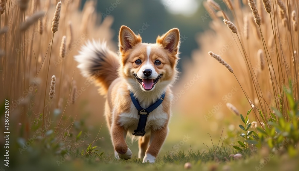 A joyful corgi running through a golden field, capturing the essence of happiness and playful spirit in nature. A joyful corgi running through a golden field, capturing the essence of happiness and playful spirit in nature.