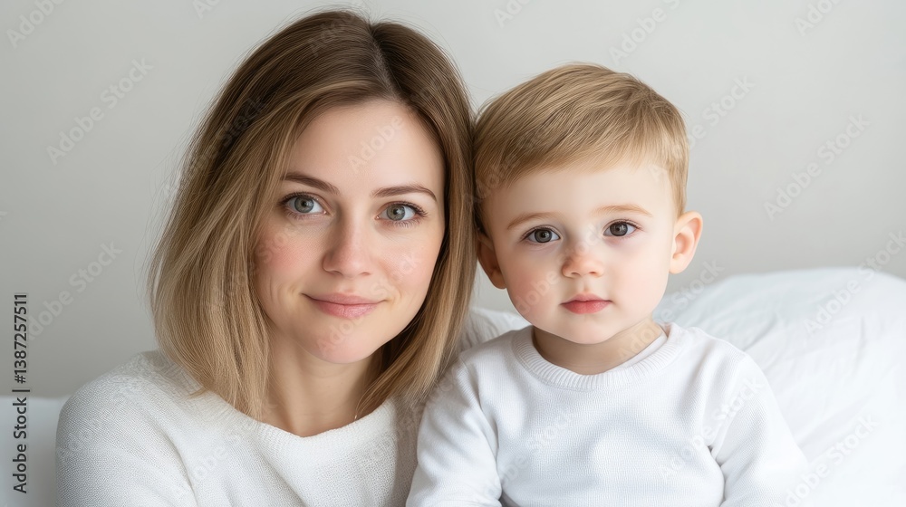 A woman and her toddler son pose closely together. The mother has shoulder-length blonde hair and wears a white sweater. Her son is blonde with a serious expression, also in white. The photo is well- A woman and her toddler son pose closely together. The mother has shoulder-length blonde hair and wears a white sweater. Her son is blonde with a serious expression, also in white. The photo is well-