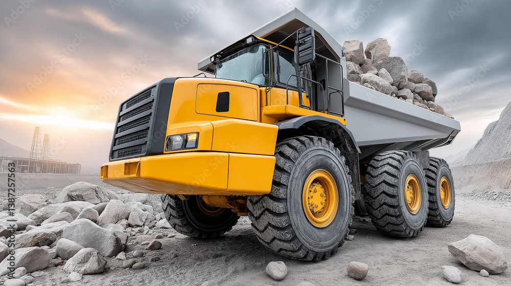 Obraz premium Large quarry dump truck loaded with stone against the background of a quarry