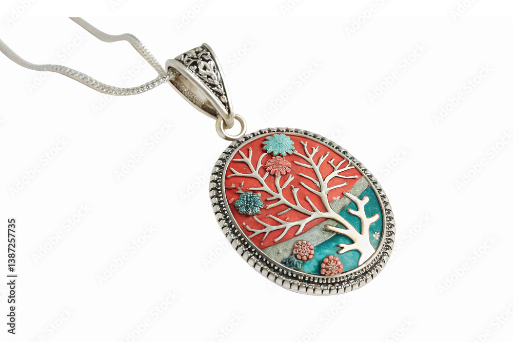 Elegant Coral and Turquoise Pendant Jewelry with Intricate Nature Inspired Design Elegant Coral and Turquoise Pendant Jewelry with Intricate Nature Inspired Design