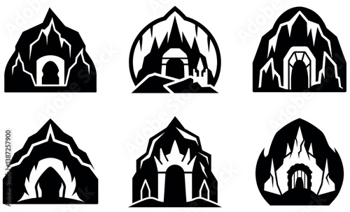 stylized cave or mountain entrances in black and white