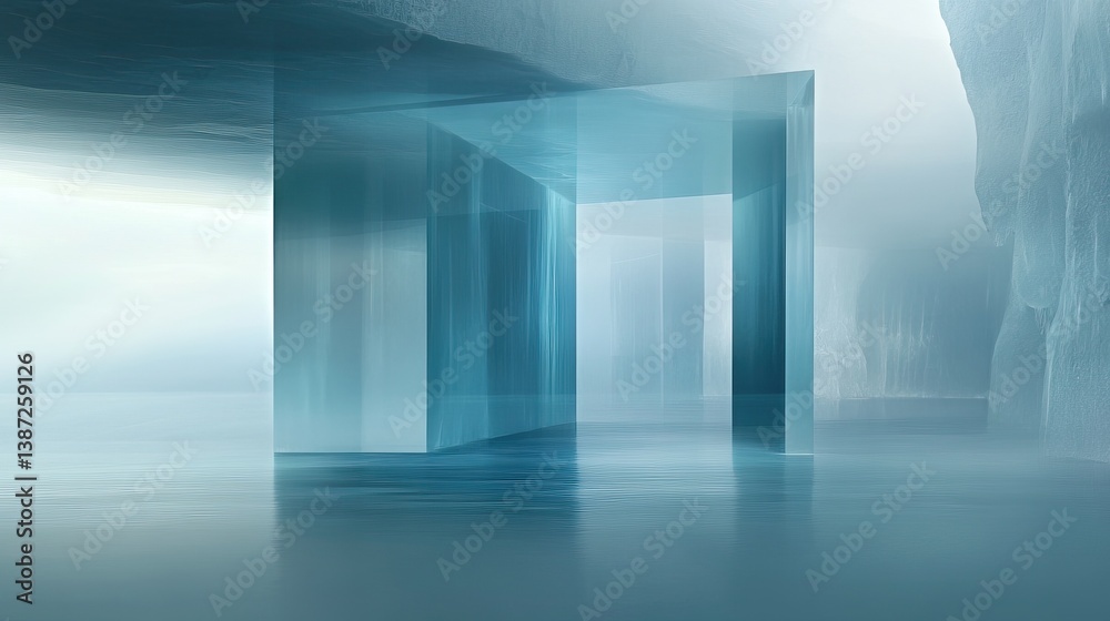 Fototapeta premium Modern glass architecture, icy cave interior, ethereal space