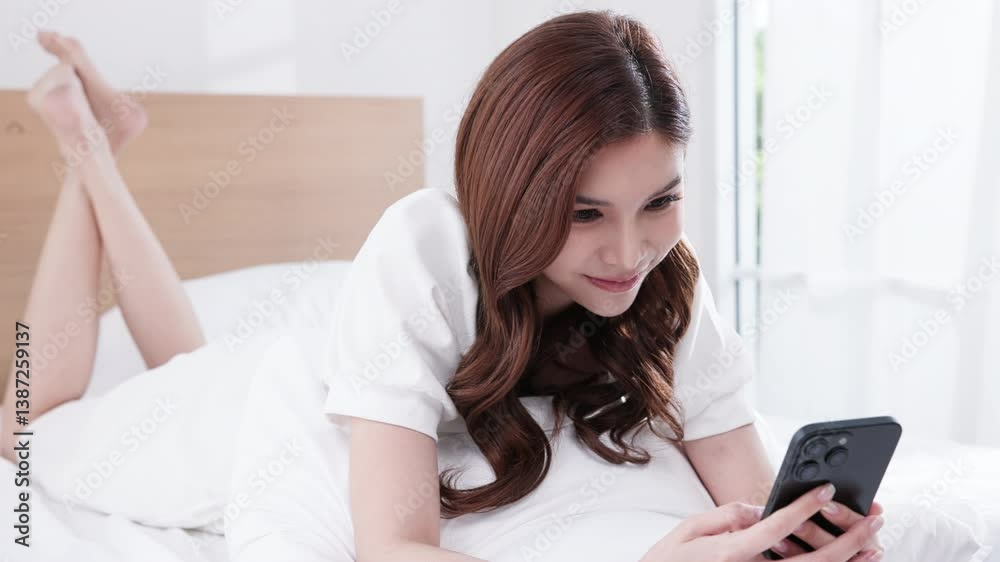 Focused woman using smartphone while working in bed Focused woman using smartphone while working in bed