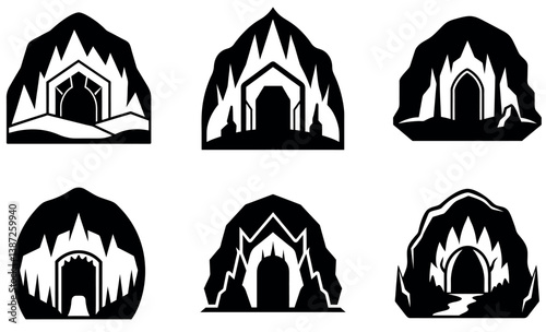 Collection of stylized cave icons in black and white.
