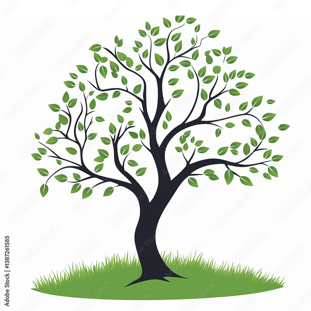 Obraz premium Lush Green Tree Vector Illustration with Leaves and Grass for Nature and Eco Designs