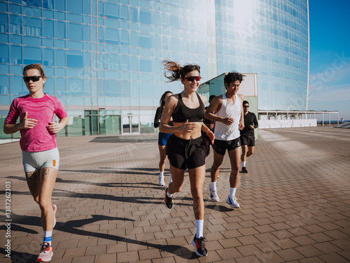 A group of diverse people in colorful athletic wear run together in front of a modern glass building on a sunny day. A young White woman wears a black sports bra while others run around her.