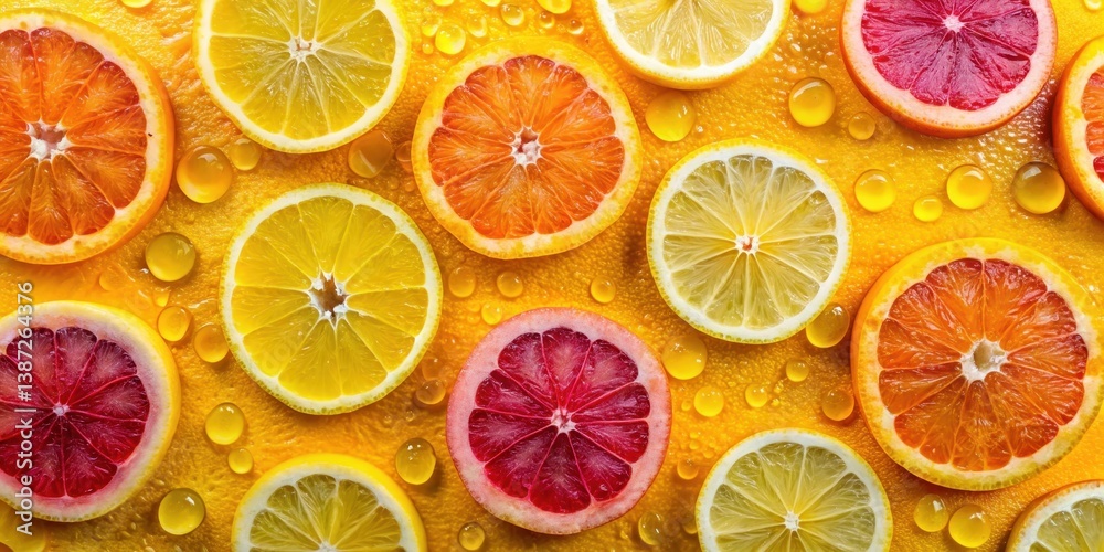 Fototapeta premium Vibrant citrus fruit slices arranged on a sunny yellow background, glistening with droplets of citrus juice, a refreshing and healthy image depicting the essence of summer