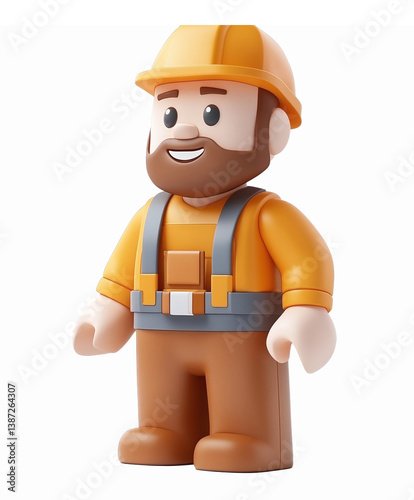 Cheerful Construction Worker Character in Orange Uniform with Hard Hat and Friendly Smile