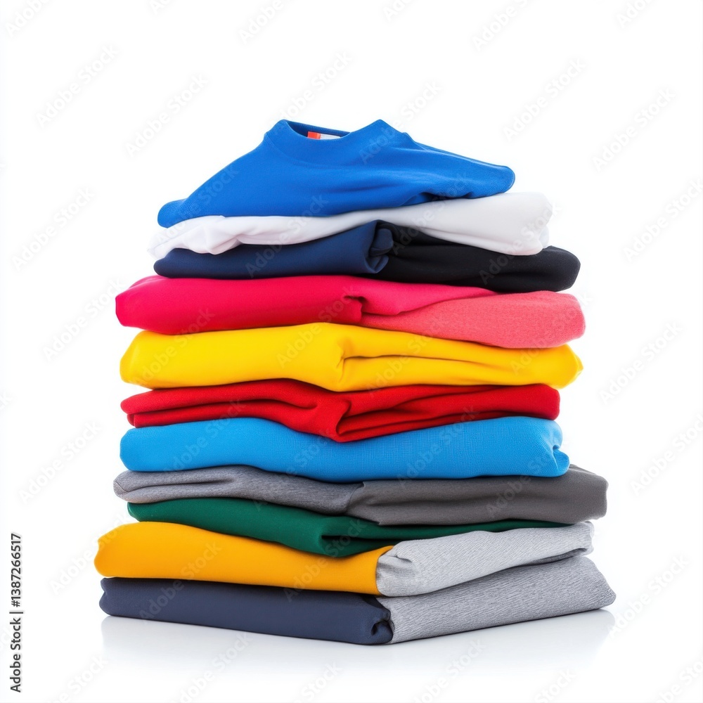 Stack of Colorful Sweaters in Various Shades Piled Neatly Against a White Background for Fashion Displays Stack of Colorful Sweaters in Various Shades Piled Neatly Against a White Background for Fashion Displays