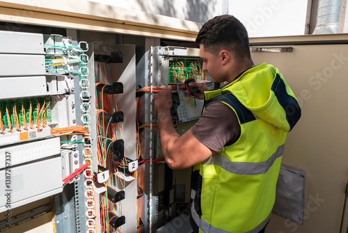 Técnico de fibra ótica a realizar reparo num armário para restaurar o acesso à rede de clientes afetados por avaria