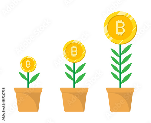 Bitcoin money plant investment growth with leaves, pot and dollar gold coin vector illustration.