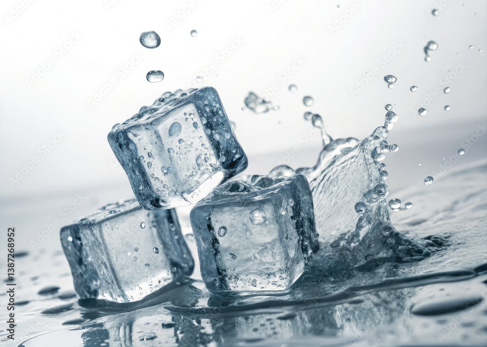 Giant ice cubes plunge into water, creating a dramatic splash against a pristine white backdrop. Giant ice cubes plunge into water, creating a dramatic splash against a pristine white backdrop.