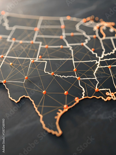 Abstract network map connecting cities in the southern United States with orange dots
