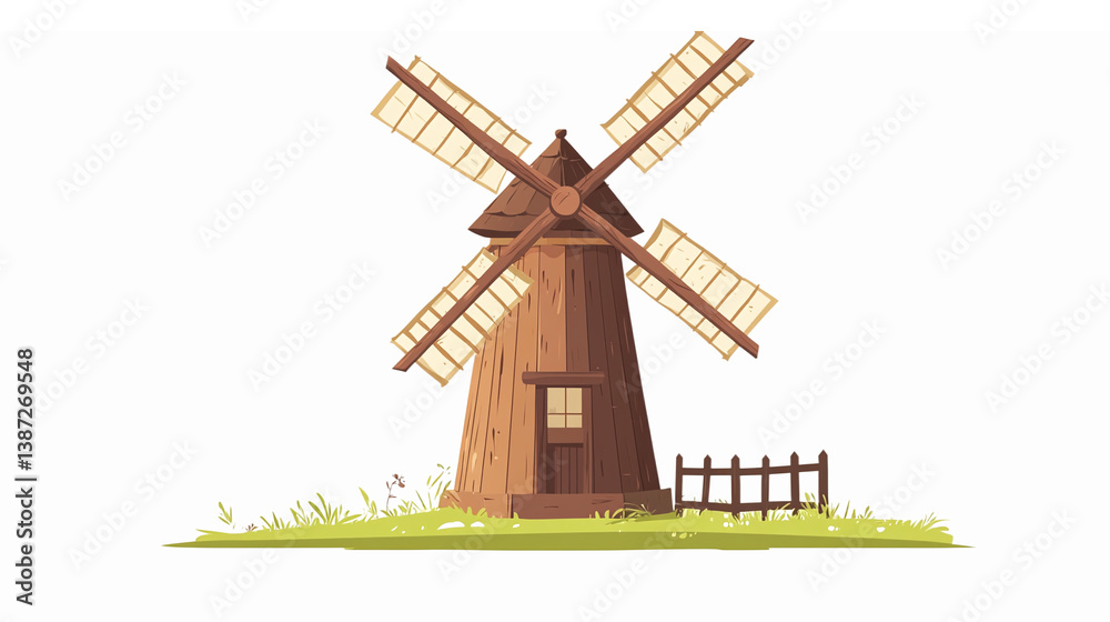 Obraz premium Rustic Wooden Windmill Surrounded by Green Grass and Fence in a Nature Landscape