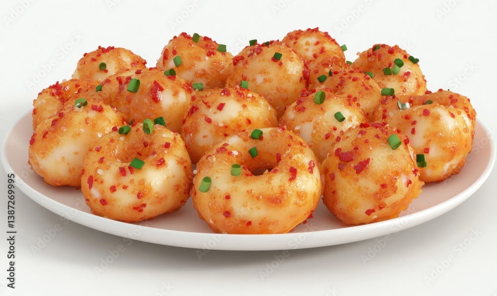 Fototapeta premium Spicy potato balls on a plate, food photography, studio shot, delicious snack
