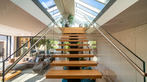 Modern home featuring a floating staircase with wood treads, glass railings, and a skylight providing ample natural light.