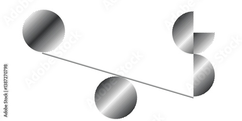 Balance concept .Circles balancing on plank . Minimal art design . Balance of noise textured balls . Trendy Circles with lines  . Linear spheres in balance . Design element .vector 