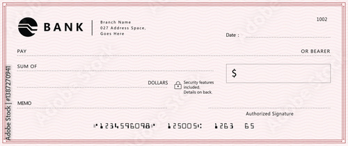 Blank money cheque. Bank check. Red Check book template with pattern and empty fields. Currency payment coupon, US dollar check background.